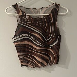 Marble Print Lettuce Trim Mesh Cropped Tank Top